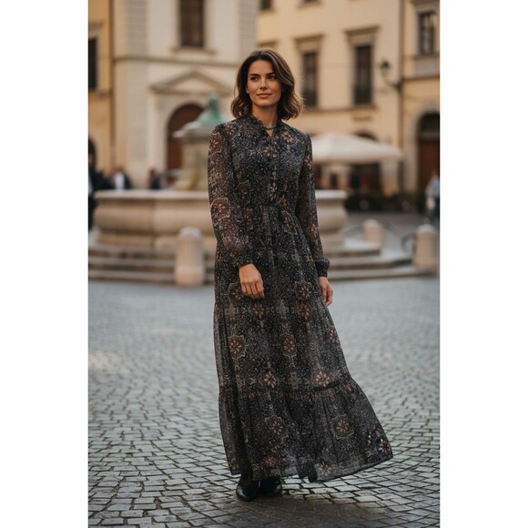 Xhilaration Dark Boho Sheer Maxi Dress Size SM Tiered Floral Whimsigoth Romantic - Picture 2 of 15